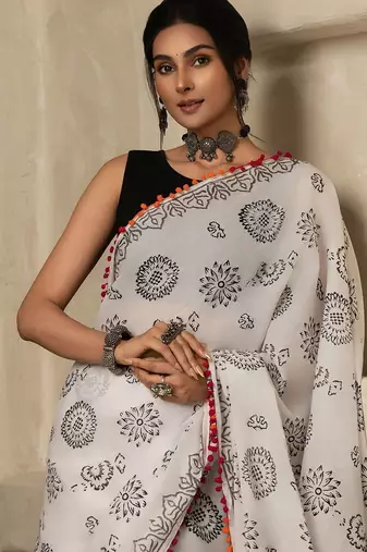 White floral printed  cotton saree