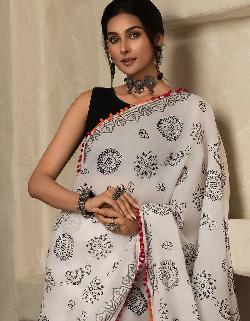 White floral printed  cotton saree