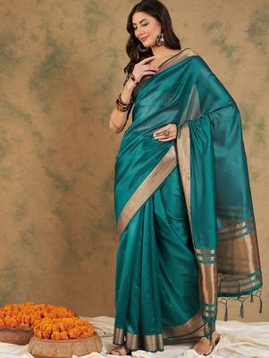 Teal organza zari kanjeevaram saree 3
