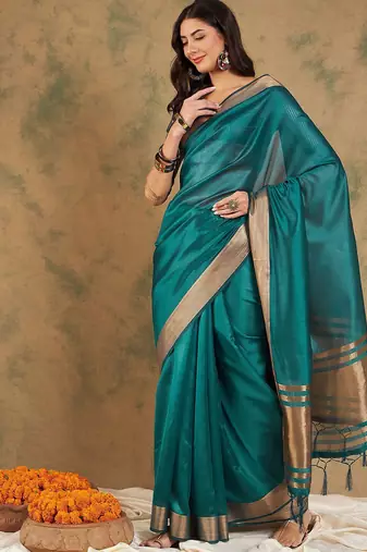 Teal organza zari kanjeevaram saree