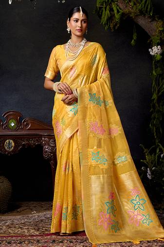 Mustard organza khadi with jhallar festive wear saree