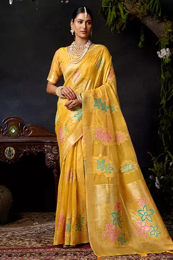 Mustard organza khadi with jhallar festive wear saree
