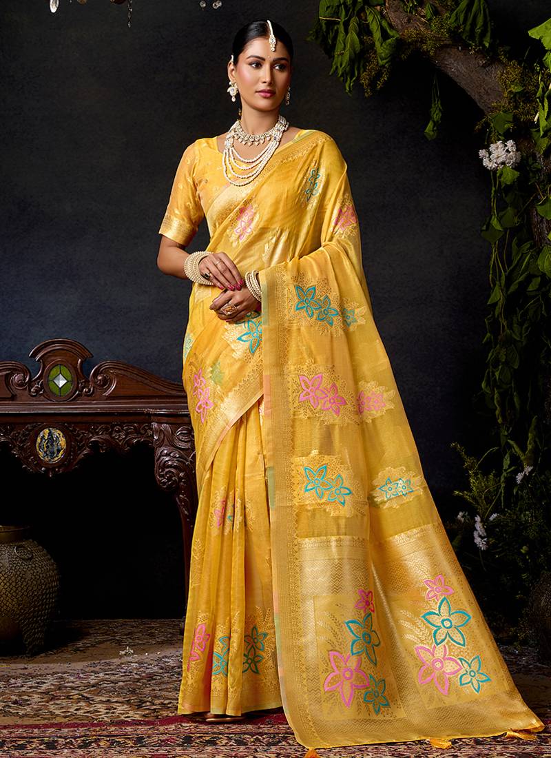 Mustard organza khadi with jhallar festive wear saree