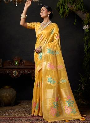 Mustard organza khadi with jhallar festive wear saree 2