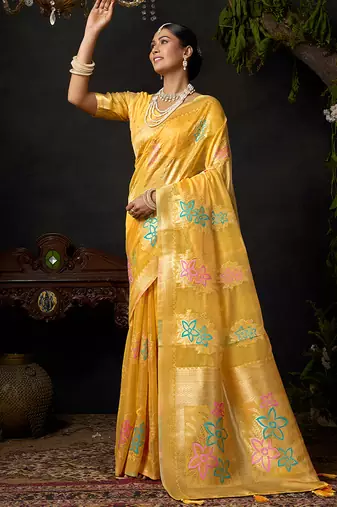 Mustard organza khadi with jhallar festive wear saree