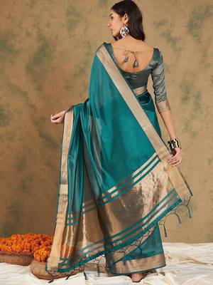 Teal organza zari kanjeevaram saree 4