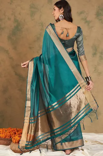 Teal organza zari kanjeevaram saree