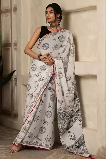 White floral printed  cotton saree