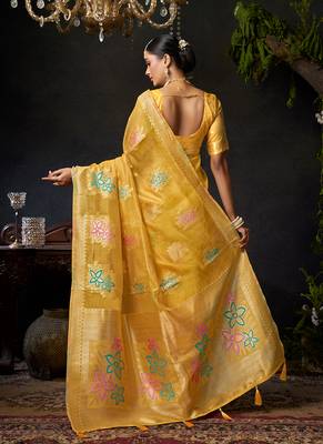 Mustard organza khadi with jhallar festive wear saree 3
