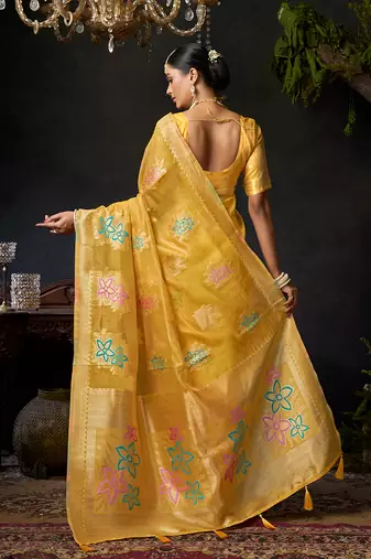 Mustard organza khadi with jhallar festive wear saree