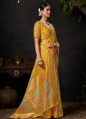 Mustard organza khadi with jhallar festive wear saree 4