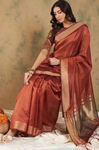 Rust woven design organza sarees
