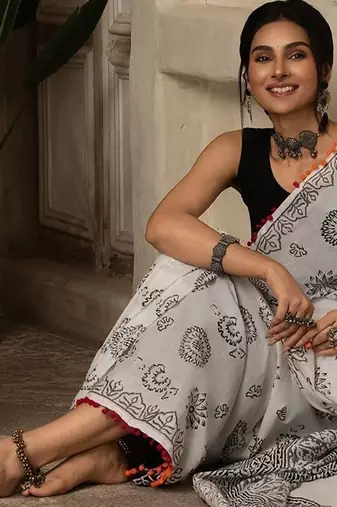 White floral printed  cotton saree