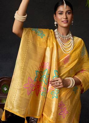 Mustard organza khadi with jhallar festive wear saree 5