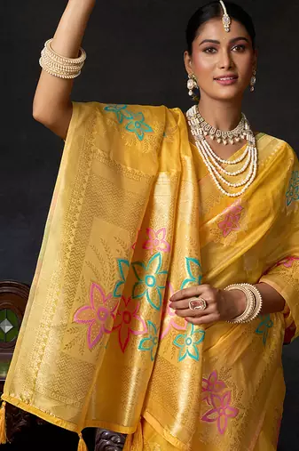 Mustard organza khadi with jhallar festive wear saree