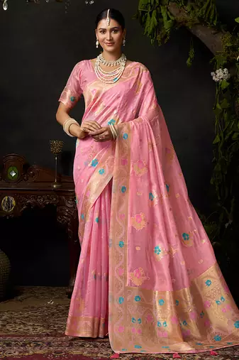Baby pink organza khadi with jhallar festive wear saree