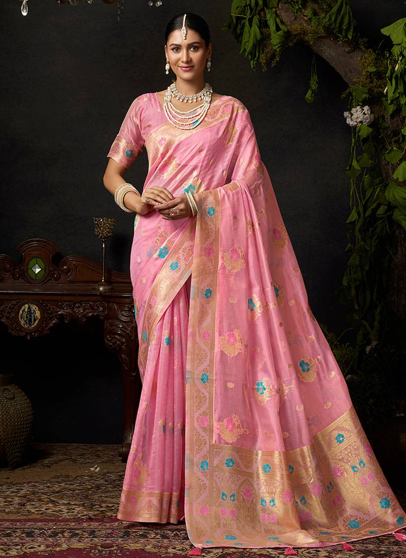 Baby pink organza khadi with jhallar festive wear saree