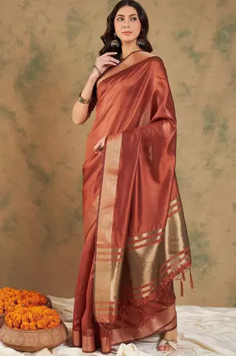 Rust woven design organza sarees