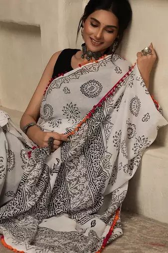 White floral printed  cotton saree