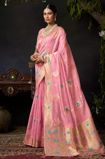 Baby pink organza khadi with jhallar festive wear saree