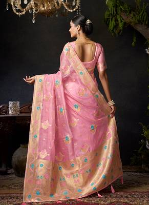 Baby pink organza khadi with jhallar festive wear saree 3