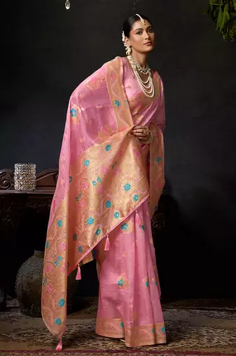 Baby pink organza khadi with jhallar festive wear saree