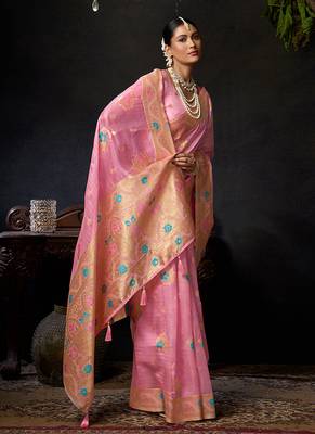 Baby pink organza khadi with jhallar festive wear saree 5