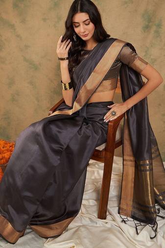 Navy blue organza zari kanjeevaram saree