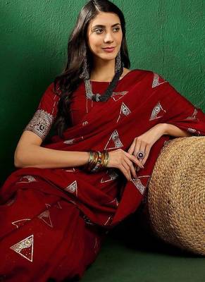 Red red geometric woven designed zari sarees 1