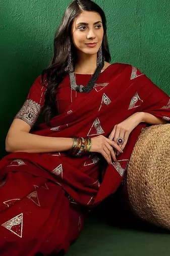 Red red geometric woven designed zari sarees