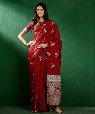 Red red geometric woven designed zari sarees 2