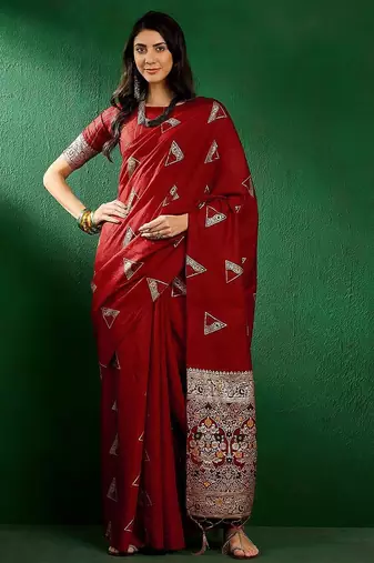 Red red geometric woven designed zari sarees