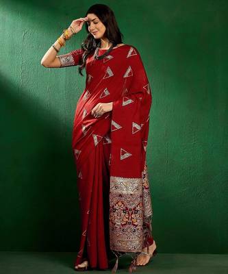 Red red geometric woven designed zari sarees 3