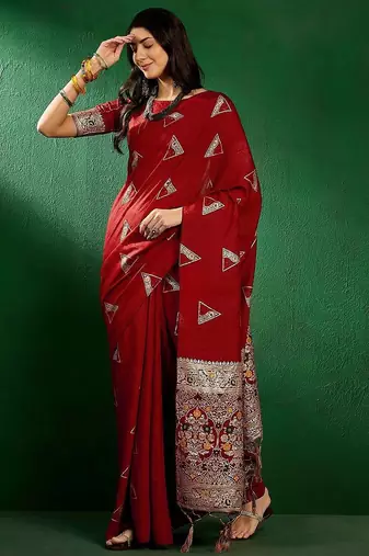 Red red geometric woven designed zari sarees