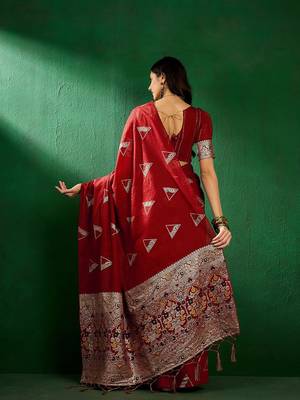 Red red geometric woven designed zari sarees 4