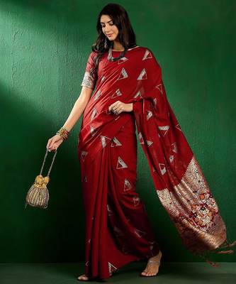 Red red geometric woven designed zari sarees 5