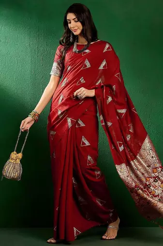 Red red geometric woven designed zari sarees