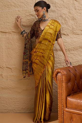 Mustard women mustard printed crepe saree