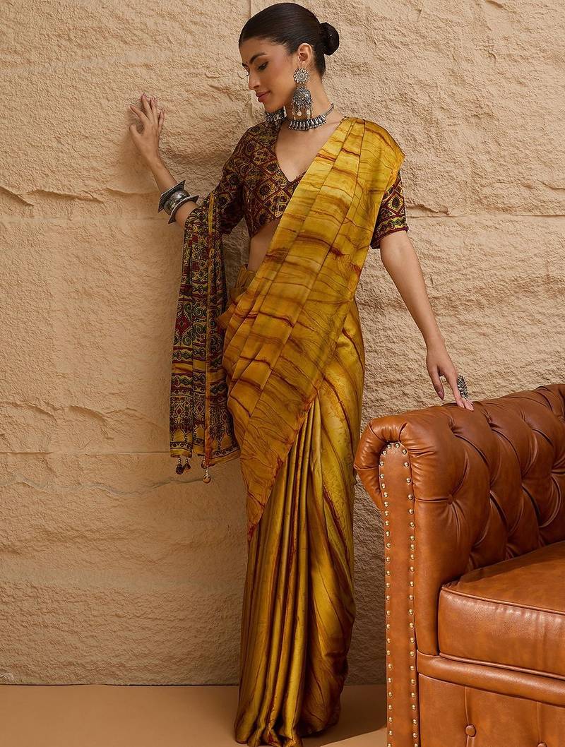 Mustard women mustard printed crepe saree
