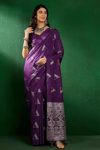Purple purple ethnic motifs woven design banarasi saree
