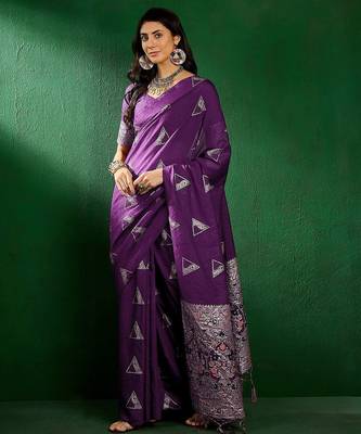 Purple purple ethnic motifs woven design banarasi saree 3