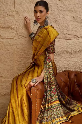 Mustard women mustard printed crepe saree