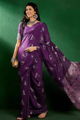 Purple purple ethnic motifs woven design banarasi saree