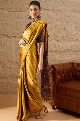 Mustard women mustard printed crepe saree