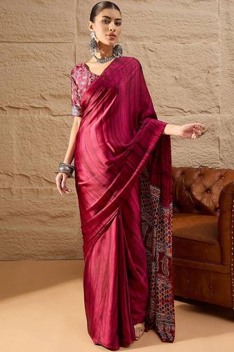 Pink women pink printed block print sarees