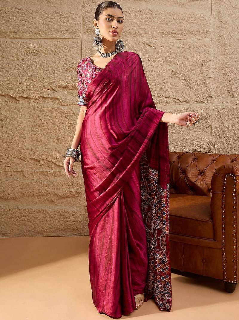 Pink women pink printed block print sarees