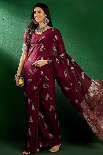 Maroon ethnic motifs woven design banarasi saree