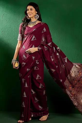 Maroon ethnic motifs woven design banarasi saree