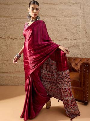 Pink women pink printed block print sarees 2