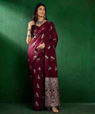 Maroon ethnic motifs woven design banarasi saree 2